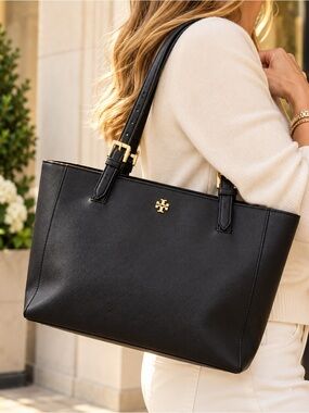 Tory Burch York Buckle Tote Black Saffiano Leather Gold Hardware